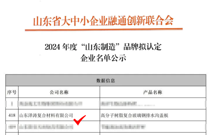 热烈祝贺山东泽涛复合材料有限公司成功入选2024年度“山东制造”品牌拟认定企业名单